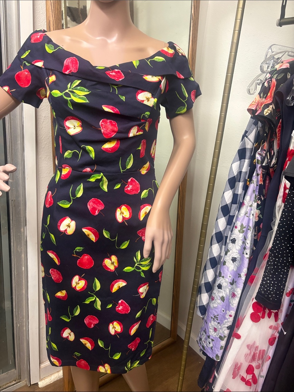 Off-Shoulder Navy Blue Dress with Red Apple Print - Women